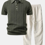 Linen Stripe Open Knit Polo & Straight Leg Linen Pants Set