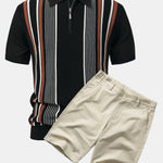 Stripe Knit Zip Up Polo Shirt & Cotton Chino Shorts Set