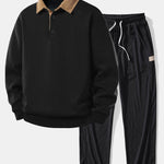 Contrast Corduroy Polo Collar Sweatshirt & Corduroy Pants Set