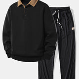Contrast Corduroy Polo Collar Sweatshirt & Corduroy Pants Set