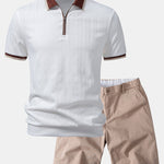 Contrast Trim Textured Zipper Knit Polo & Chino Shorts Set