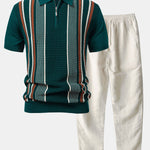 Stripe Knit Zip Up Polo Shirt & Straight Leg Linen Pants Set