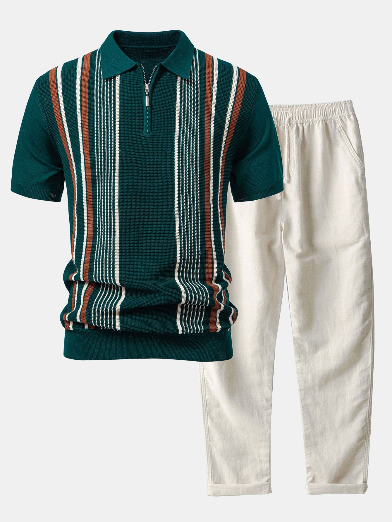 Stripe Knit Zip Up Polo Shirt & Straight Leg Linen Pants Set