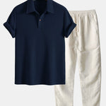 Short Sleeved Waffle Polo & Straight Leg Linen Pants Set