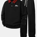 Letter Print Contrast Polo Sweatshirt & Pleated Pintuck Sweatpants Set