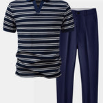 Stripe Waffle Johnny Collar Polo & Slim Fit Tapered Trousers Set