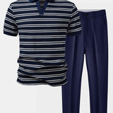Stripe Waffle Johnny Collar Polo & Slim Fit Tapered Trousers Set