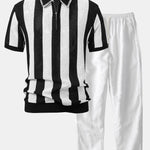 Striped Eyelet Knit Zip Up Polo Shirt & Straight Leg Linen Pants Set