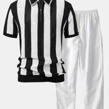 Striped Eyelet Knit Zip Up Polo Shirt & Straight Leg Linen Pants Set