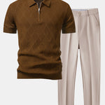 Rhombus Textured Zip Up Knitted Polo Shirt & Tapered Trousers Set