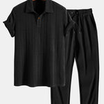 Short Sleeve Jacquard Polo & Straight Leg Ribbed Pants Set