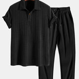 Short Sleeve Jacquard Polo & Straight Leg Ribbed Pants Set