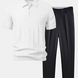 Stripe Jacquard Knit Polo Shirt & Slim Fit Tapered Trousers Set