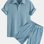 Short Sleeved Waffle Polo & Drawstring Knitted Waffle Shorts Set