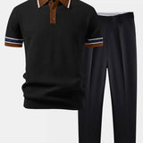 Contrast Stripe Trim Waffle Knit Polo & Slim Fit Tapered Trousers Set