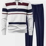Long Sleeve Stripe Knit Polo Shirt & Slim Fit Tapered Trousers Set