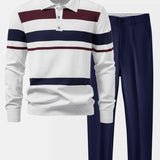 Long Sleeve Stripe Knit Polo Shirt & Slim Fit Tapered Trousers Set