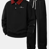 Letter Print Contrast Polo Sweatshirt & Pleated Pintuck Sweatpants Set