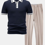 Contrast Trim Knit Polo Shirt & Slim Fit Tapered Trousers Set