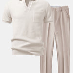 Waffle Johnny Collar Polo with Pocket & Slim Fit Tapered Trousers Set