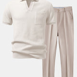 Waffle Johnny Collar Polo with Pocket & Slim Fit Tapered Trousers Set