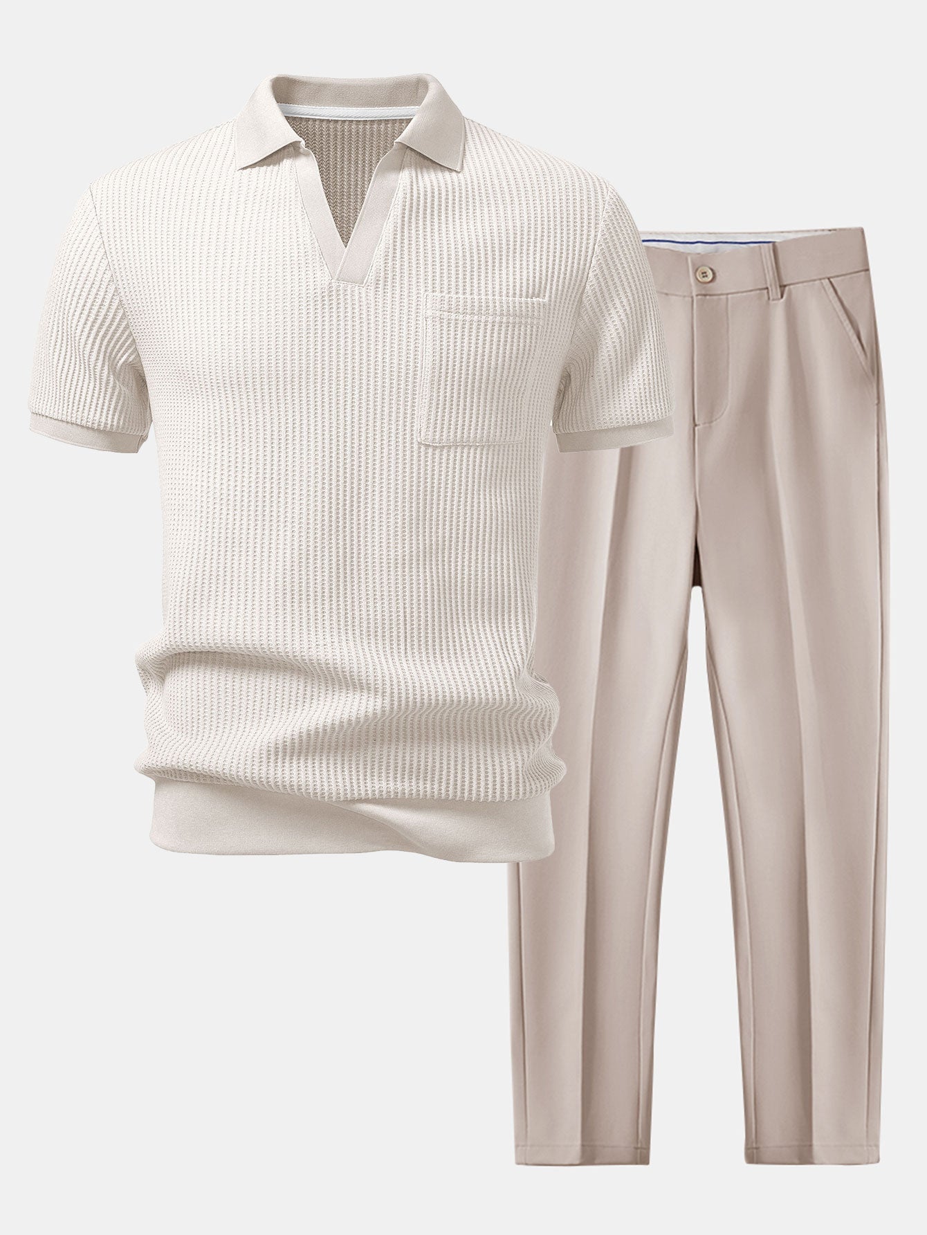 Waffle Johnny Collar Polo with Pocket & Slim Fit Tapered Trousers Set