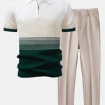 Striped Gradient Knitted Polo Shirt & Slim Fit Tapered Trousers Set