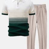 Striped Gradient Knitted Polo Shirt & Slim Fit Tapered Trousers Set