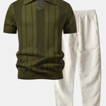 Johnny Collar Striped Open Knit Polo & Straight Leg Linen Pants Set