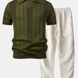 Johnny Collar Striped Open Knit Polo & Straight Leg Linen Pants Set