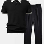 Contrast Zipper Knit Polo & Slim Fit Tapered Trousers Set