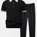 Contrast Zipper Knit Polo & Slim Fit Tapered Trousers Set