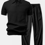 Textured Johnny Collar Crocheted Knit Polo & Crinkle Textured Pants Set