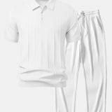 Stripe Jacquard Knit Polo Shirt & Straight Leg Ribbed Pants Set