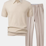 Wave Jacquard Knit V Neck Polo Shirt & Slim Fit Tapered Trousers Set