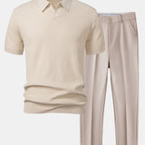 Wave Jacquard Knit V Neck Polo Shirt & Slim Fit Tapered Trousers Set
