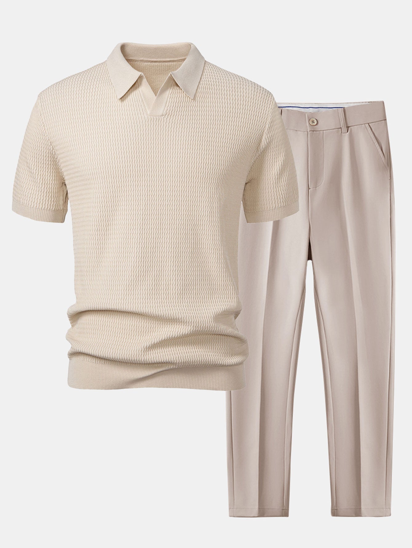 Wave Jacquard Knit V Neck Polo Shirt & Slim Fit Tapered Trousers Set