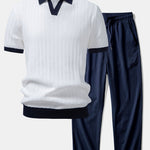 Contrast Textured Johnny Collar Knit Polo & Crinkle Textured Pants Set