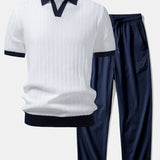Contrast Textured Johnny Collar Knit Polo & Crinkle Textured Pants Set