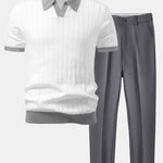 Contrast Trim Stripe Johnny Collar Polo & Tapered Trousers Set