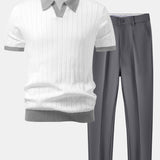 Contrast Trim Stripe Johnny Collar Polo & Tapered Trousers Set