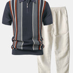 Stripe Knit Zip Up Polo Shirt & Straight Leg Linen Pants Set