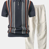 Stripe Knit Zip Up Polo Shirt & Straight Leg Linen Pants Set