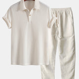 Short Sleeved Waffle Polo & Straight Leg Linen Pants Set
