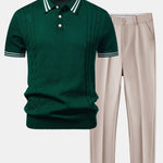Contrast Trim Twisted Jacquard Knit Polo & Tapered Trousers Set