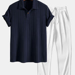 Short Sleeve Jacquard Polo & Straight Leg Ribbed Pants Set