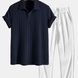 Short Sleeve Jacquard Polo & Straight Leg Ribbed Pants Set