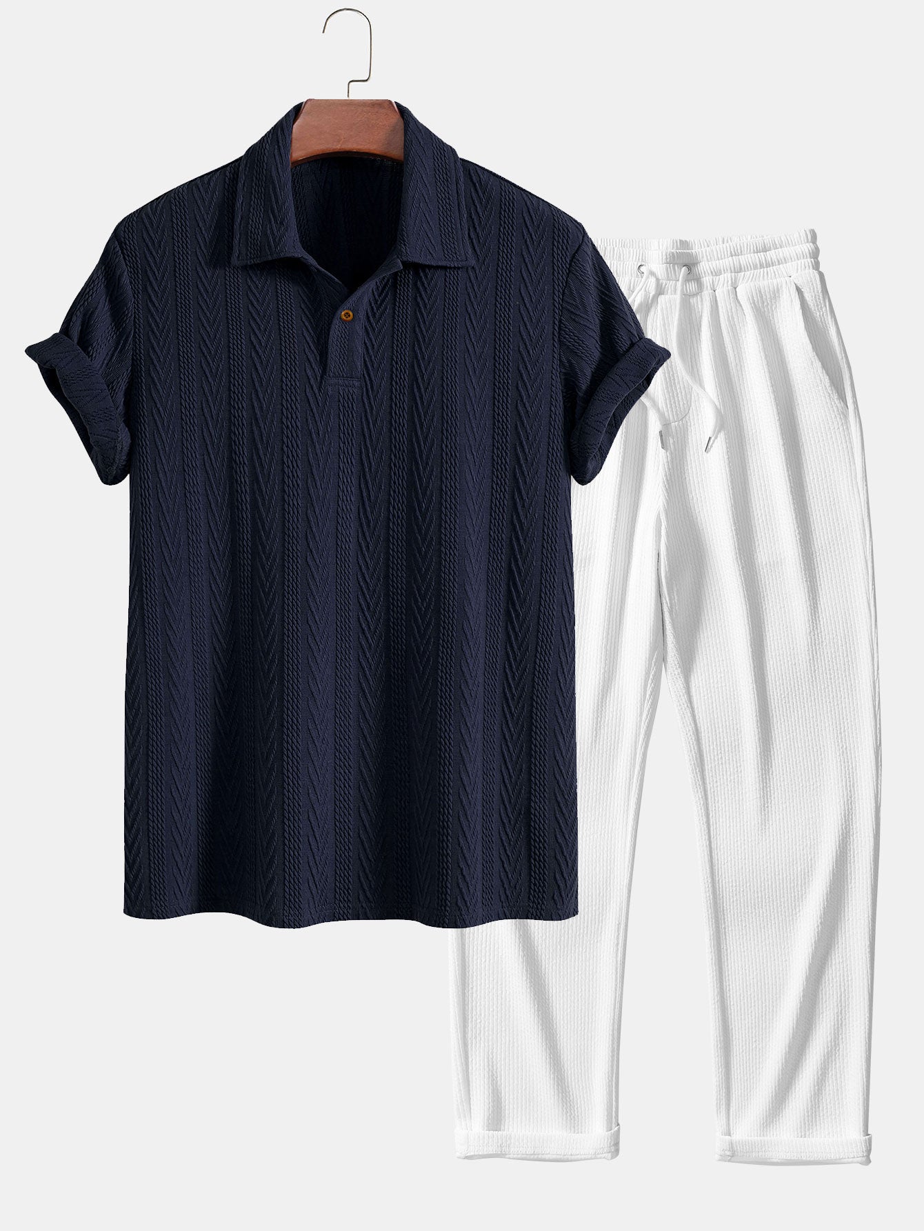 Short Sleeve Jacquard Polo & Straight Leg Ribbed Pants Set