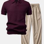 Textured Johnny Collar Crocheted Knit Polo & Crinkle Textured Pants Set