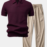 Textured Johnny Collar Crocheted Knit Polo & Crinkle Textured Pants Set